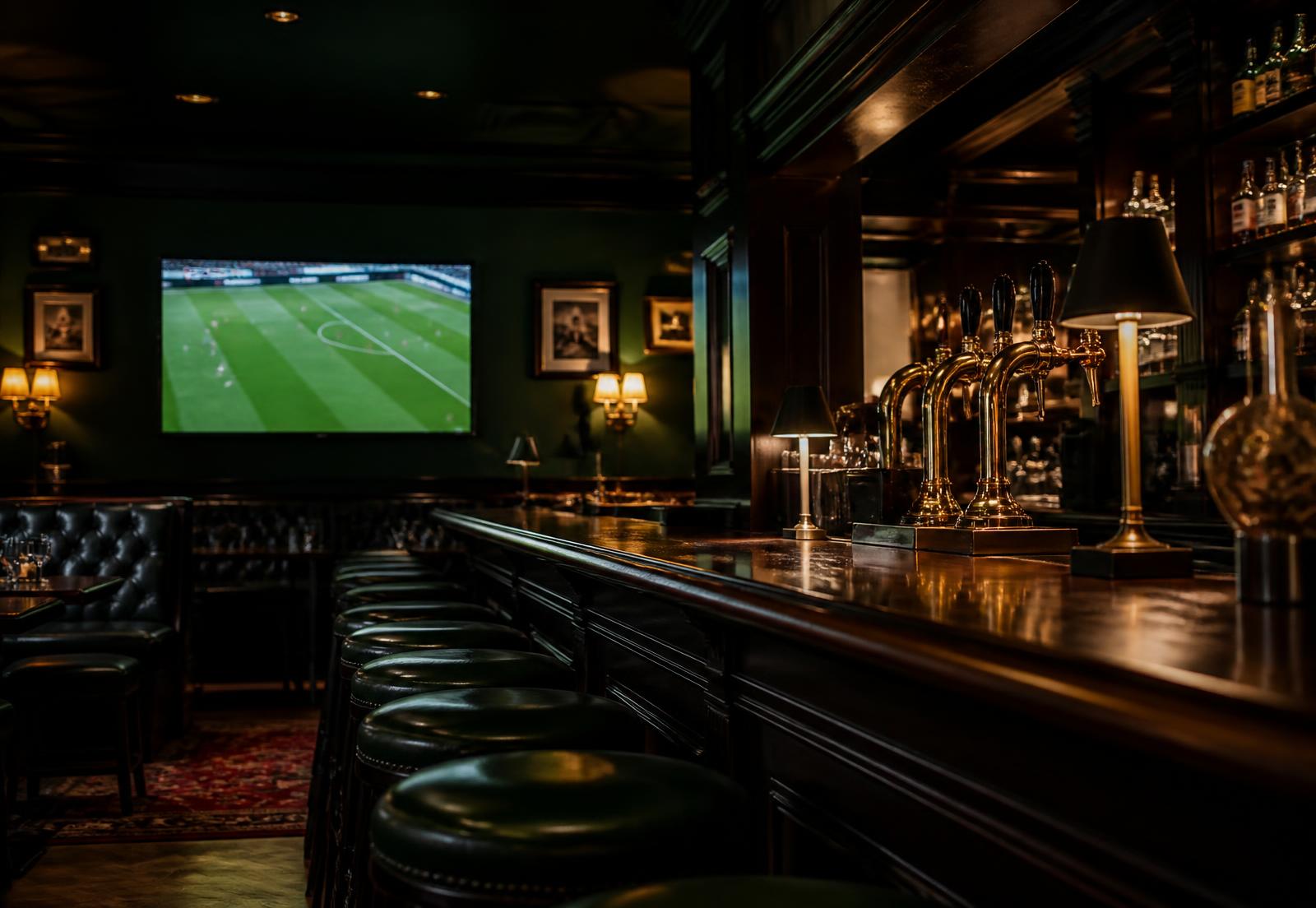 The dark oak bar at The Slide In Pub with brass taps and sports on the big screens
